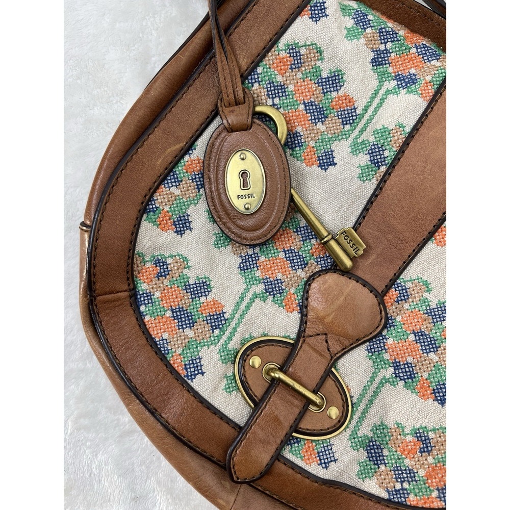 Vintage Fossil Brown Leather Canvas Single Stitch Saddle Bag Shoulder Bag EUC - Picture 3 of 16